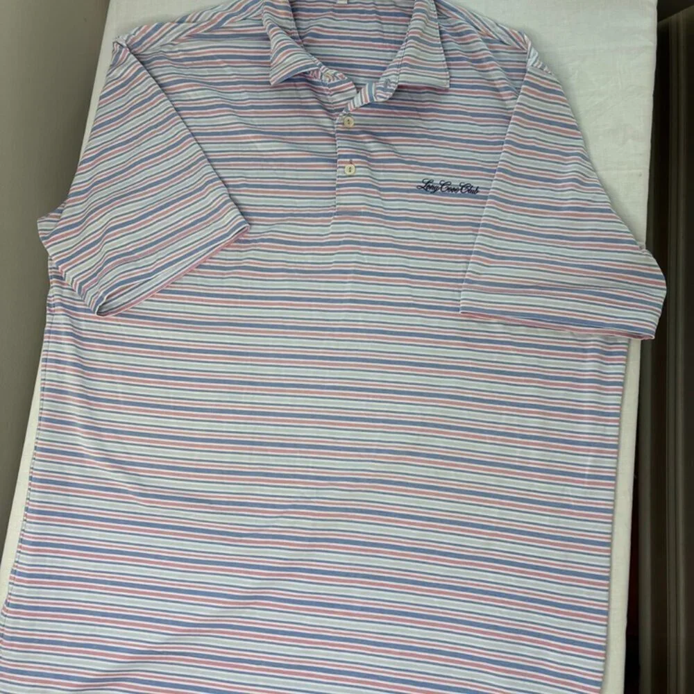 Peter Millar Summer Comfort Blue and Pink Stripe Short Sleeve Polo size Large